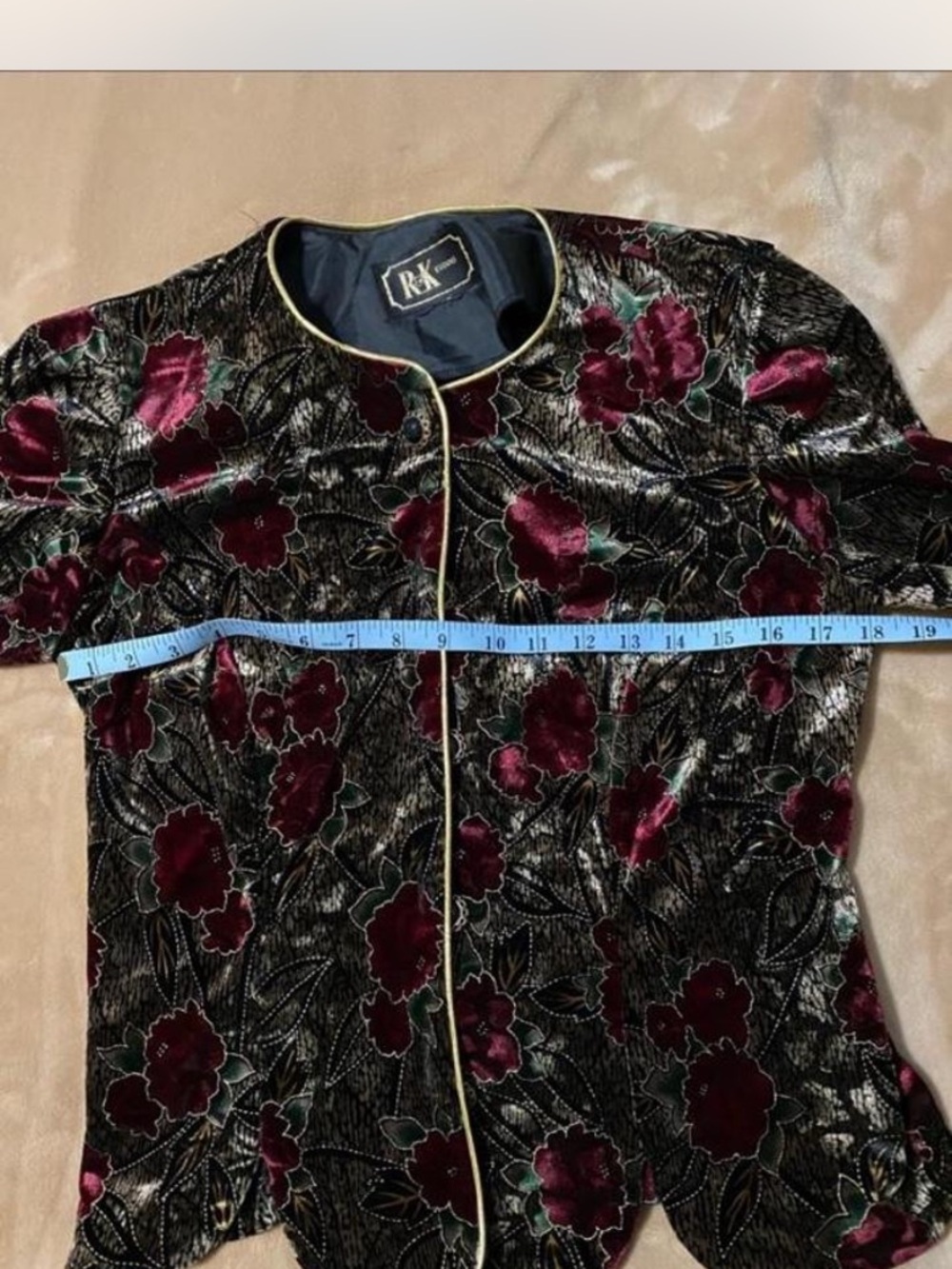 R&K Velvet Floral Evening Jacket in Black with Wine Red Flowers Sz S